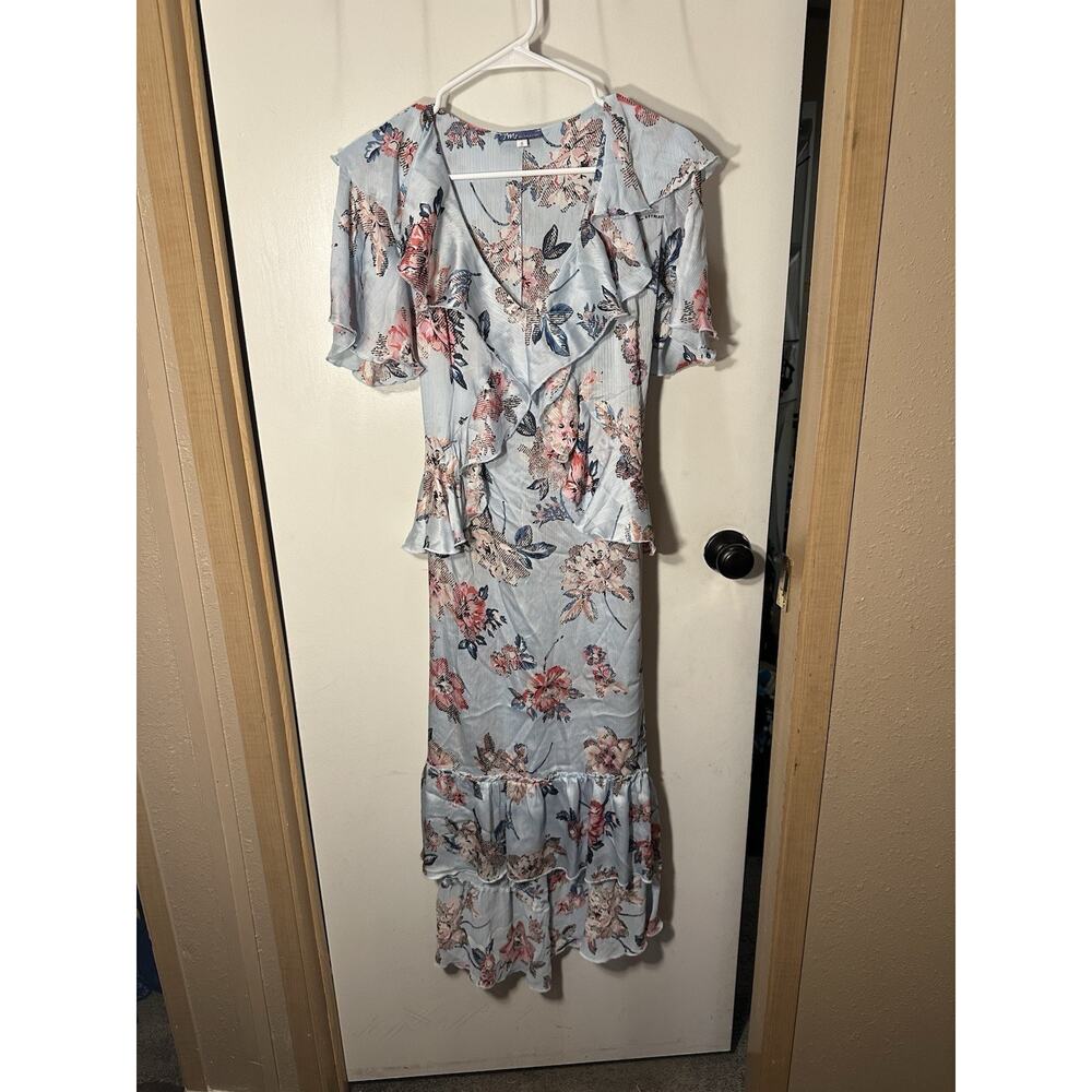 Truly Me Blue Pink Floral dress Ruffled Tiered Lightweight SZ S Cottagecore Maxi